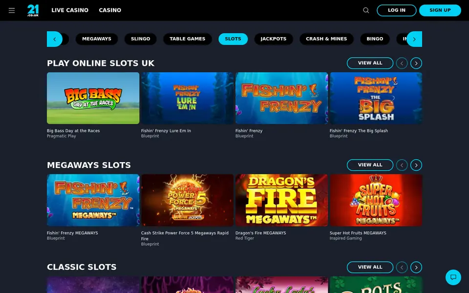 21.co.uk slots lobby: the category rail over the Play online slots UK and Megaways slots rows. Captured August 2026