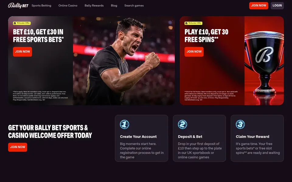 Bally Bet homepage: a sports and casino welcome page: a footballer, a free-spins offer and "sports & offer today". Captured September 2026