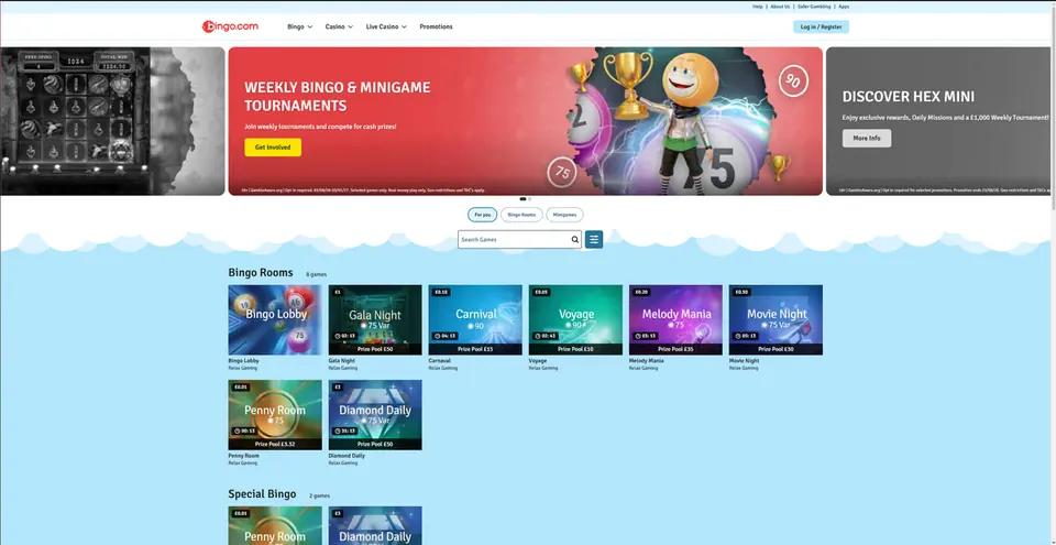 Bingo.com bingo page: tournament banners over Bingo Rooms tiles with prize pools (Bingo Lobby, Gala Night, Carnival, Voyage). Captured August 2026