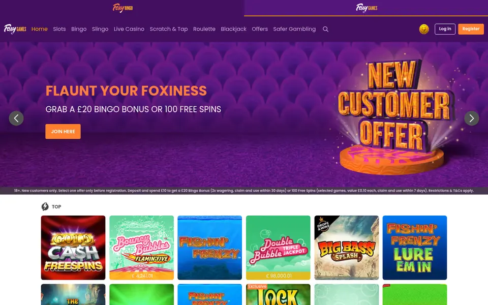 Foxy Games homepage: a welcome banner over slot tiles. Captured August 2026