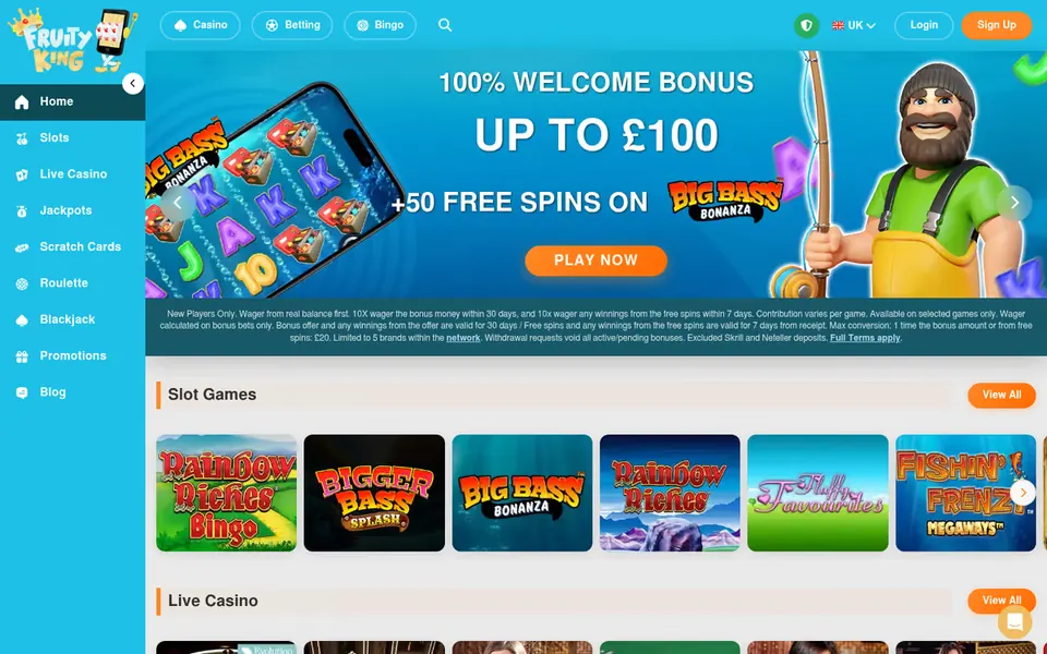 Fruity King homepage: a welcome-offer banner over the Slot Games shelf (Rainbow Riches Bingo, Bigger Bass Splash, Big Bass Bonanza) and a Live Casino row. Captured September 2026