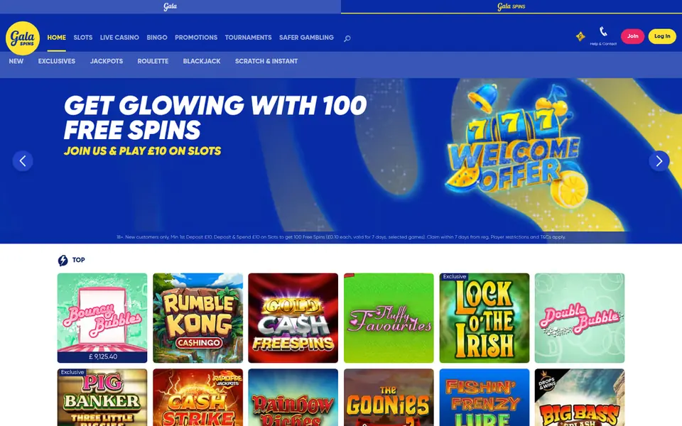Gala Spins homepage: a free-spins banner over slot tiles. Captured August 2026