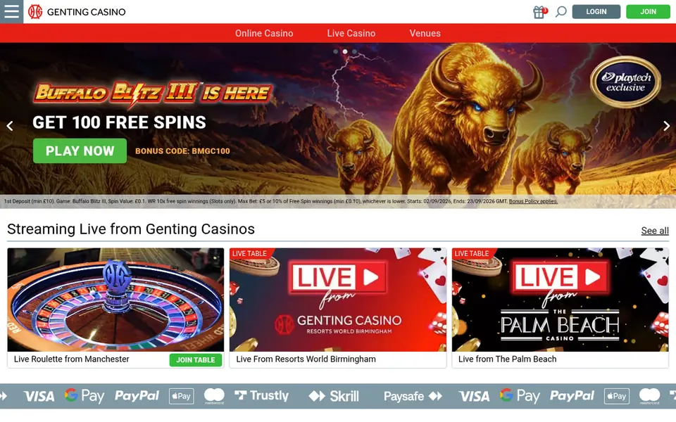Genting Casino homepage: a free-spins banner and live roulette streamed from Genting casinos. Captured September 2026