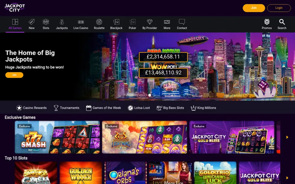 Jackpot City homepage: the Mega Moolah and WowPot! jackpot totals, the menu (slots, jackpots, live casino, roulette, blackjack, poker) and an Exclusive Games row. Captured August 2026
