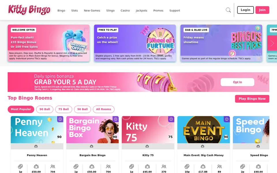 Kitty Bingo homepage: bingo rooms and room filters. Captured September 2026