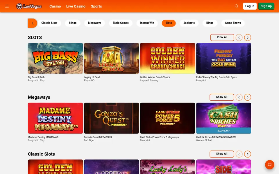 LeoVegas slots lobby: the category rail, Game shows included, over the Slots, Megaways and Classic slots rows. Captured August 2026