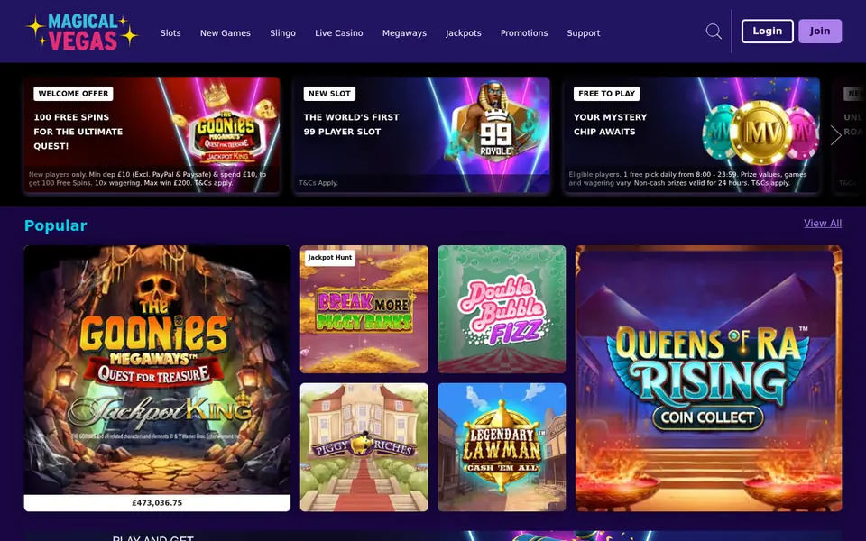 Magical Vegas homepage: slot tiles and promotions. Captured September 2026