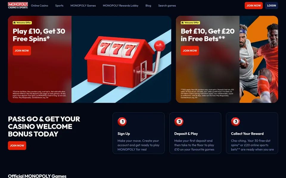 MONOPOLY Casino homepage: a slot-machine graphic and the lobby links. Captured September 2026