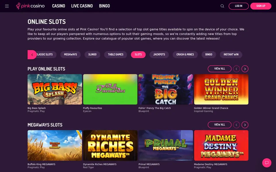 Pink Casino online slots page: the category rail over the Play online slots and Megaways slots rows. Captured August 2026