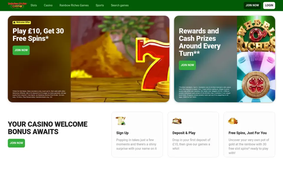Rainbow Riches Casino homepage: slot artwork and a rewards banner. Captured September 2026