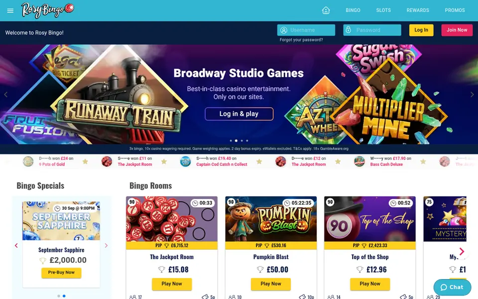 Rosy Bingo homepage: a Broadway Studio Games banner over Bingo Specials and Bingo Rooms tiles showing prizes and ticket prices. Captured September 2026