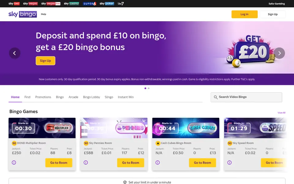 Sky Bingo homepage: a bingo bonus banner over Bingo Games room tiles showing start times, jackpots, ticket prices and player counts. Captured August 2026
