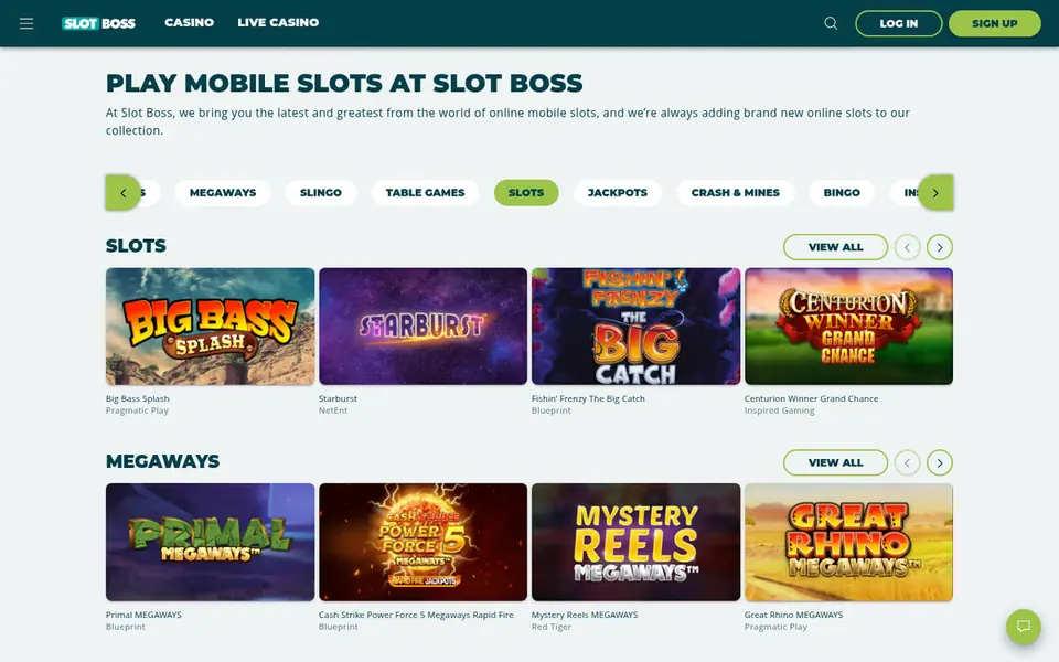 Slot Boss mobile slots page: the category rail over the Slots and Megaways rows. Captured August 2026