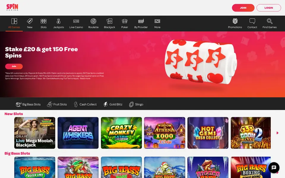 Spin Casino homepage: the menu (slots, jackpots, live casino, roulette, blackjack, poker), a free-spins offer banner and rows of new and Big Bass slots. Captured August 2026