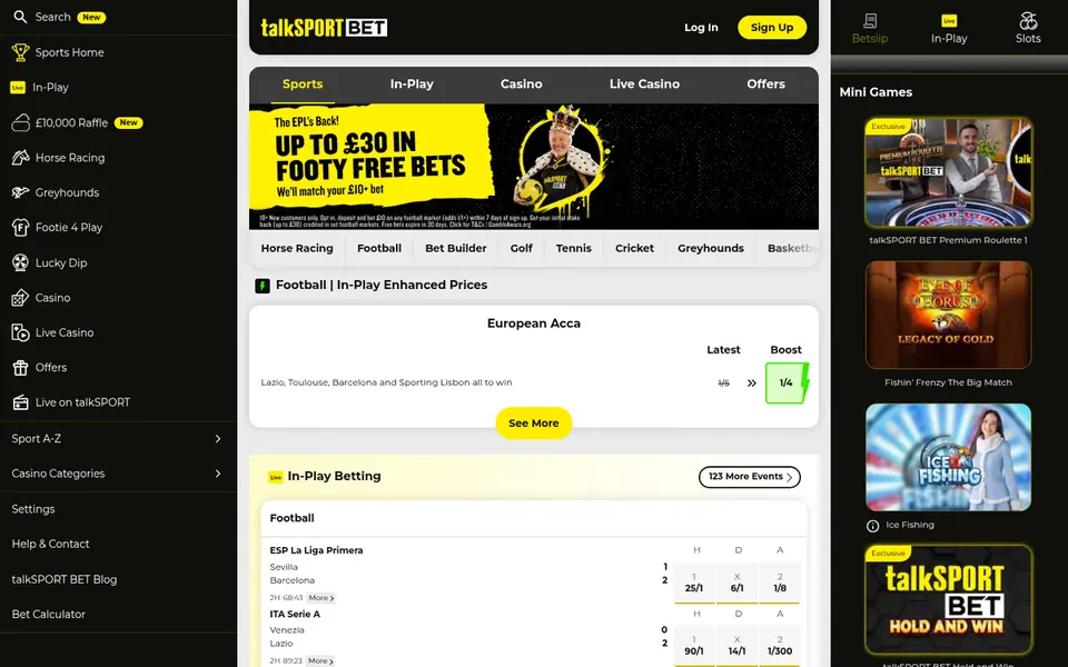 talkSPORT BET homepage: a football free-bets banner, sports shortcuts, an enhanced-price acca and in-play football prices. Captured September 2026